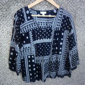 Black & White Patterned Women's Top - Casual Square Neck